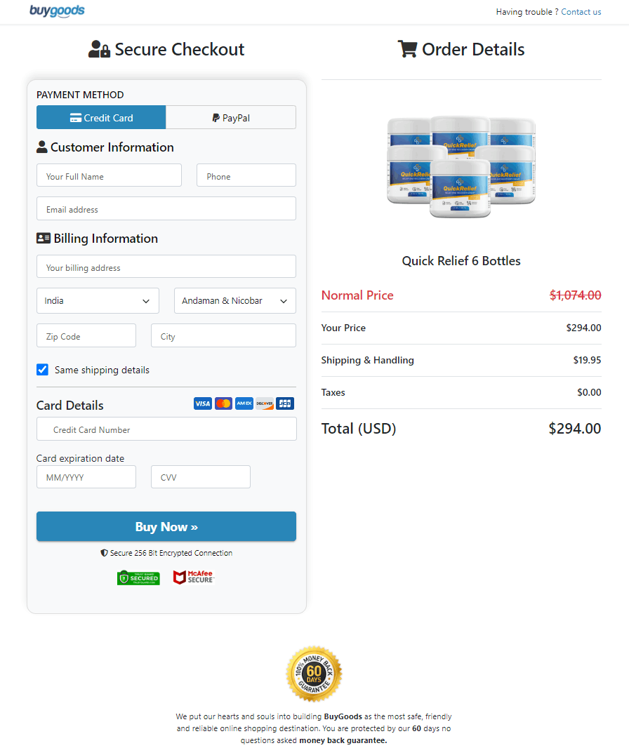 Quick Relief Secure Order Form